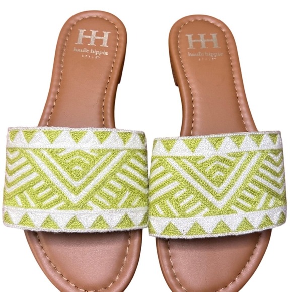 Haute Hippie Beaded Embroidered Aztec Slide Sandals lime green white‎ size - Picture 1 of 4